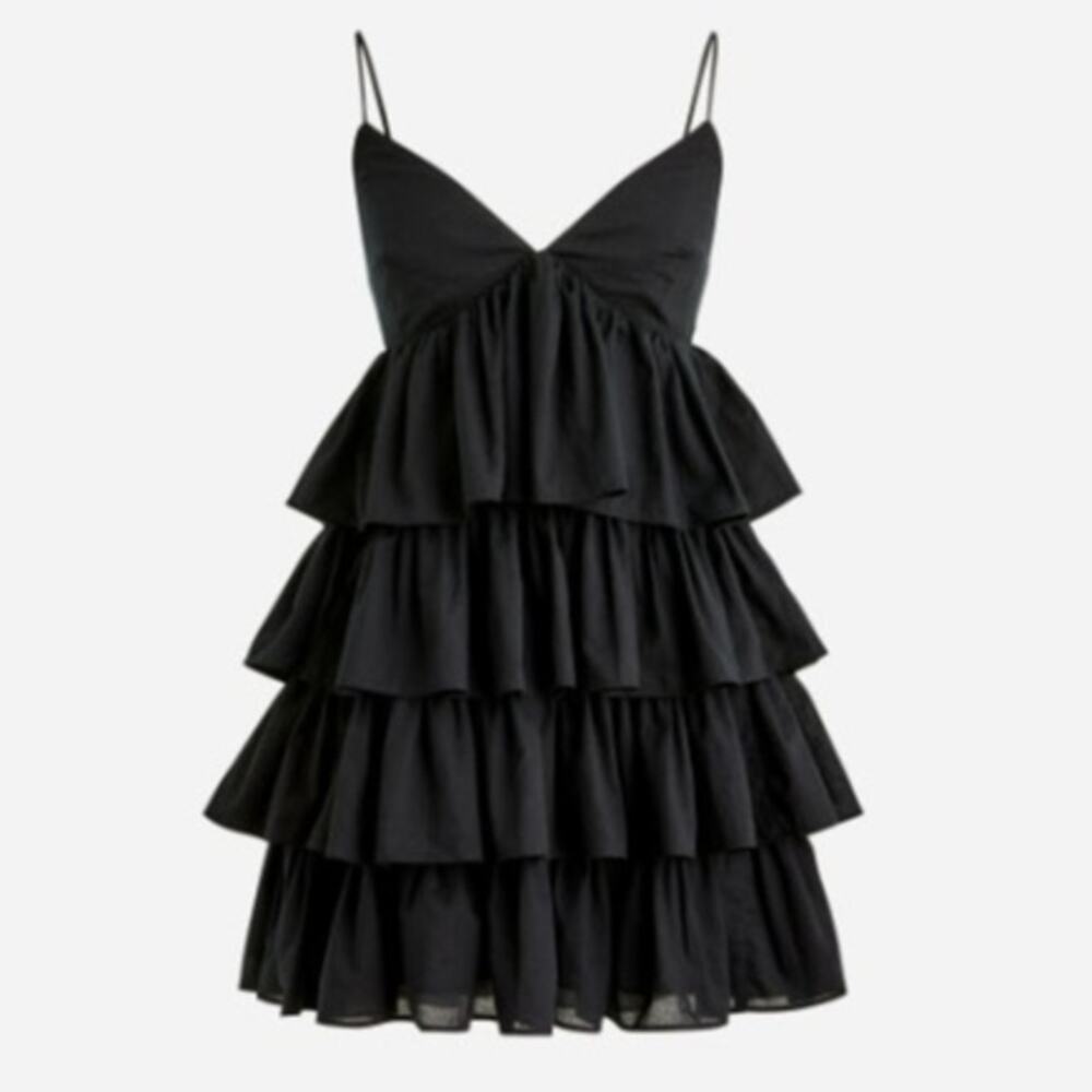 NEW $148 J. Crew Black Sleeveless V-Neck Ruffle Tier Mini Dress 2 100% Cotton